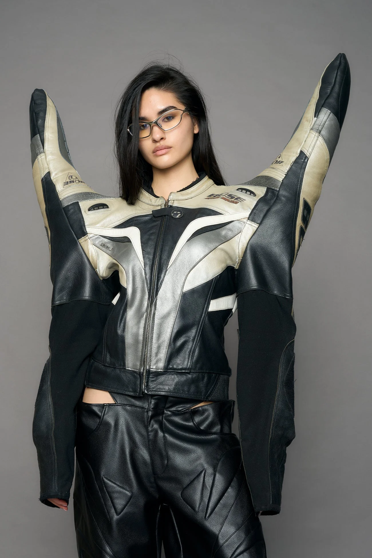 Atelier line - Thorn shoulder genuine leather motocross jacket silver - Image 5
