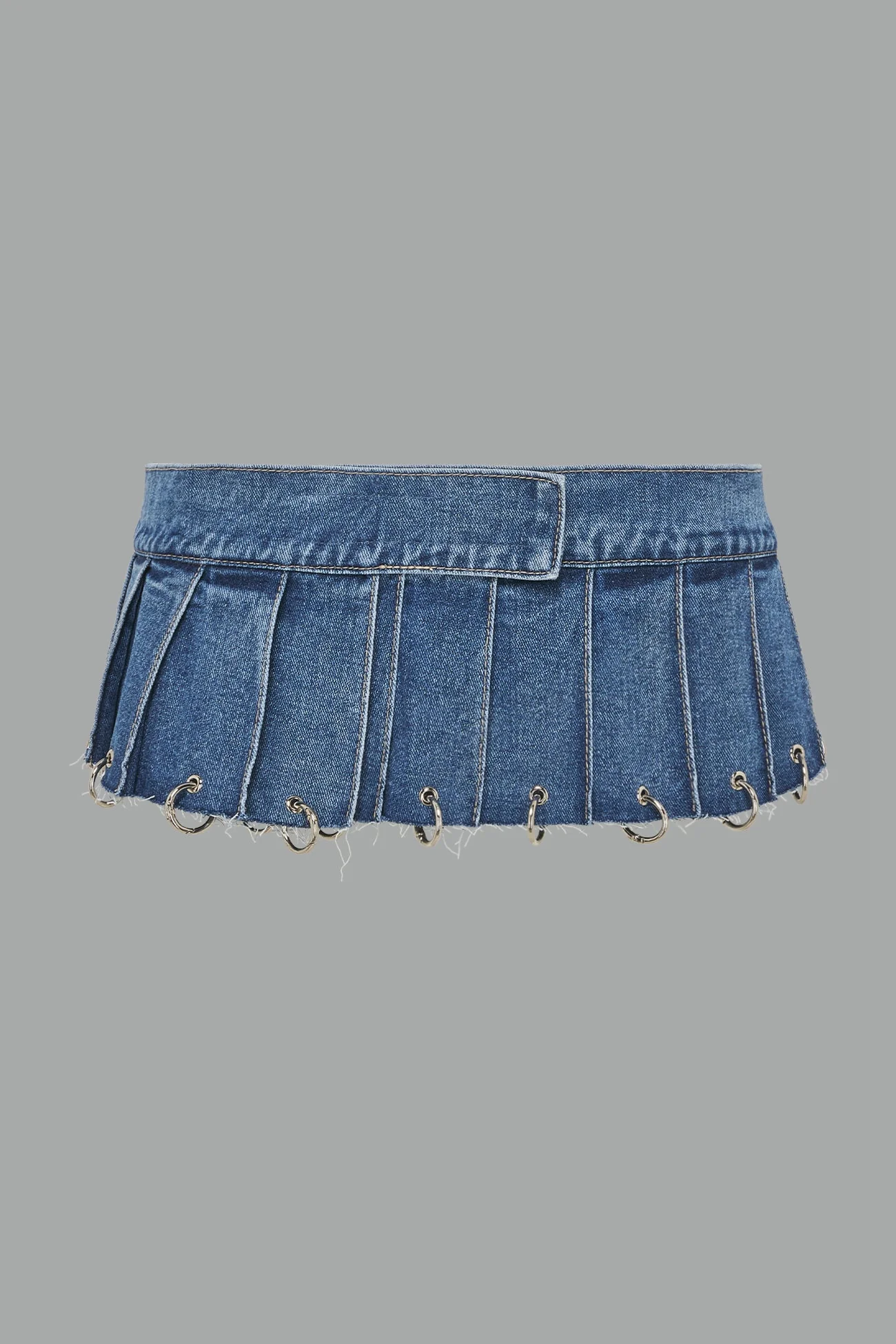 Denim Pleated Mini Skirt With Rings - Image 9