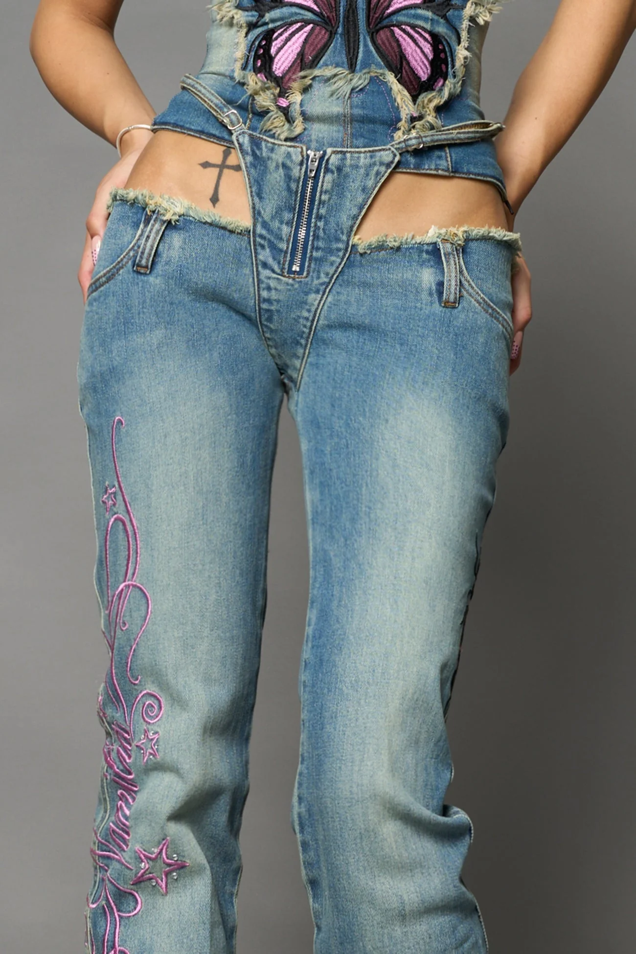 Denim embroidered Thong Pants - Image 7