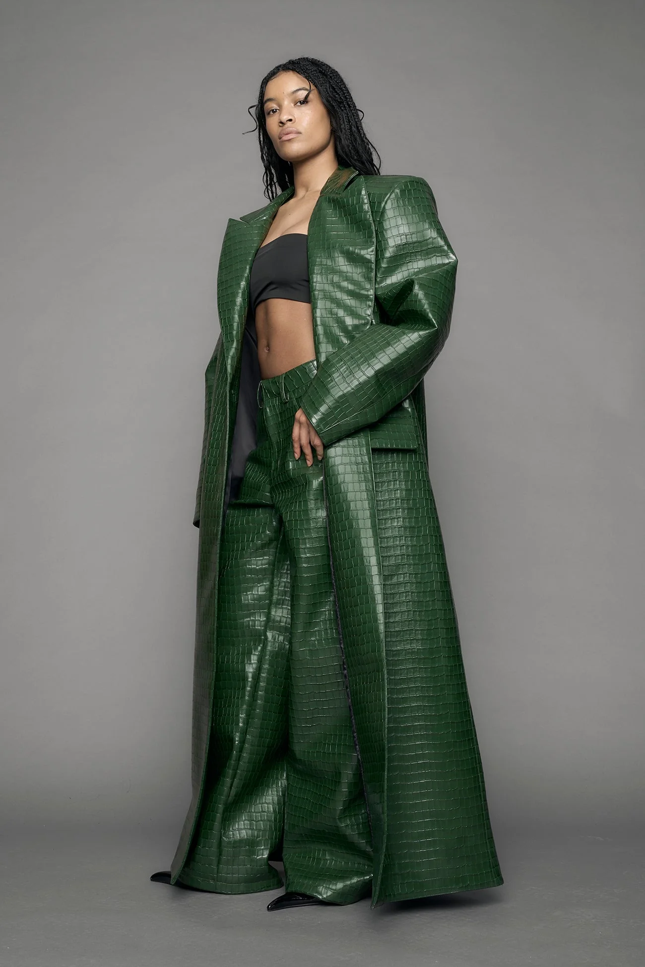 Leather Elongated Croc Blazer Coat - Image 4
