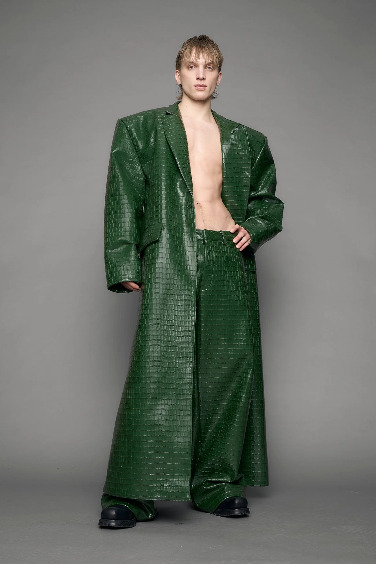 Leather Elongated Croc Blazer Coat - Image 6