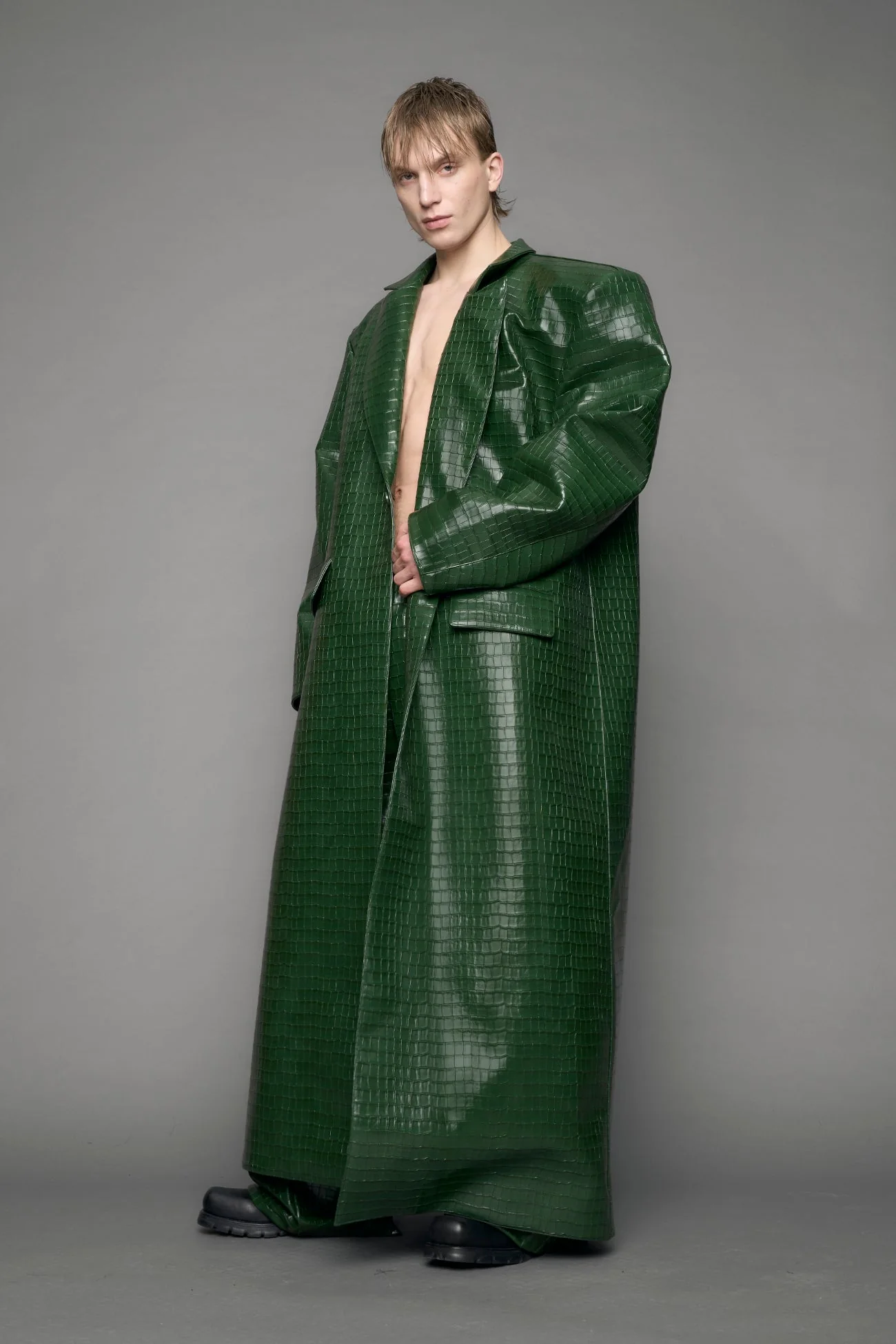 Leather Elongated Croc Blazer Coat - Image 8