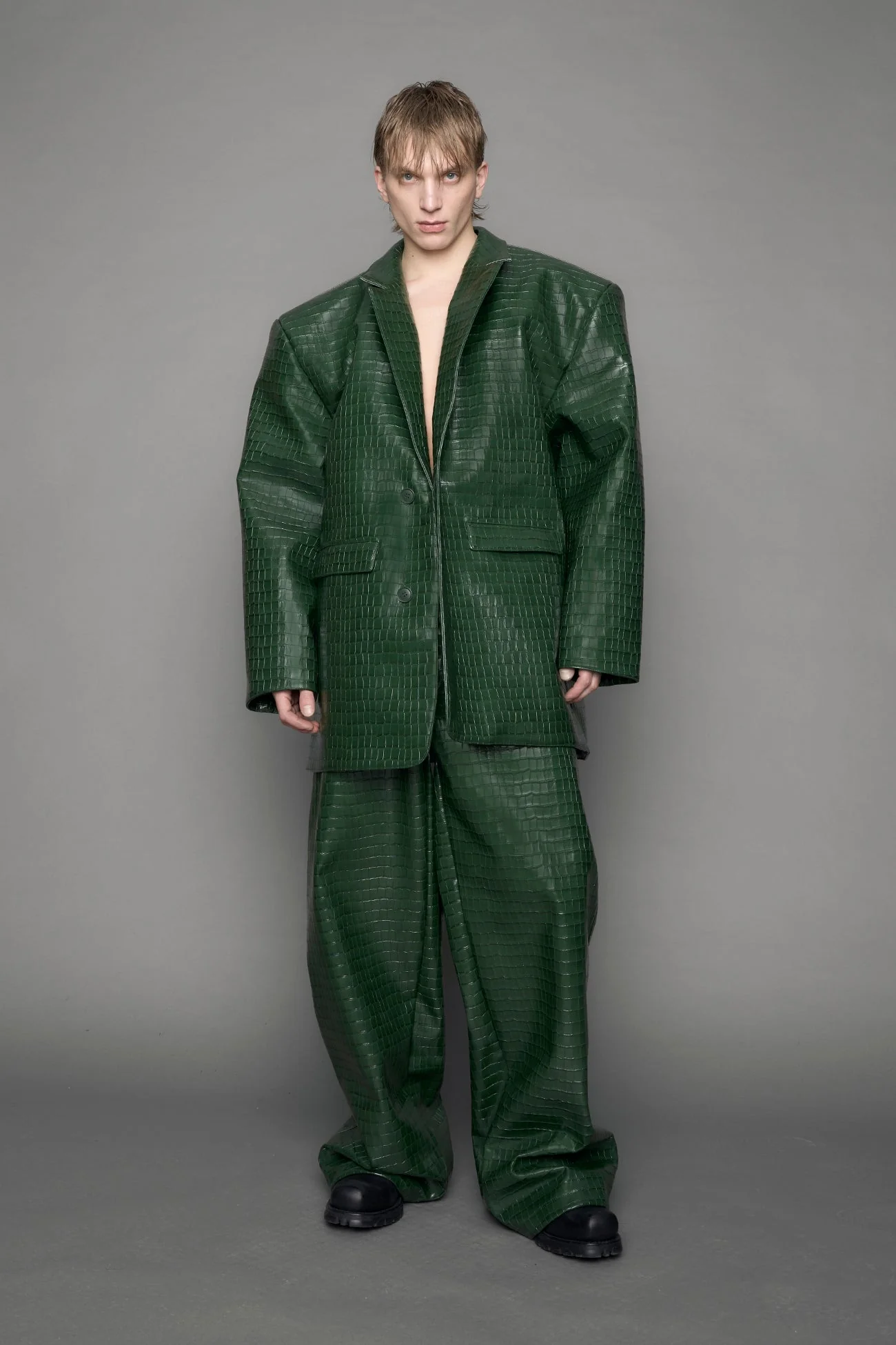 Leather Oversize Croc Blazer - Image 2