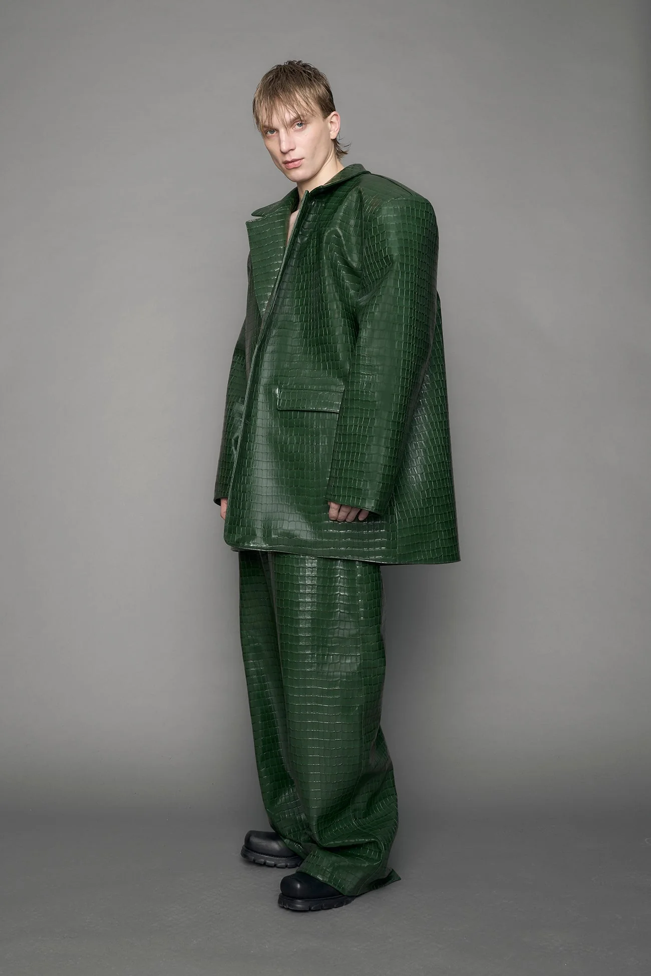 Leather Oversize Croc Blazer - Image 4