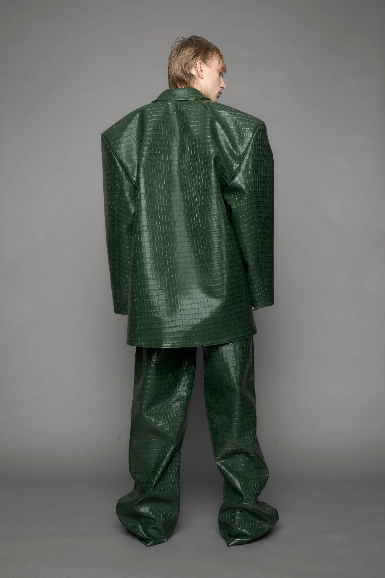Leather Oversize Croc Blazer - Image 5