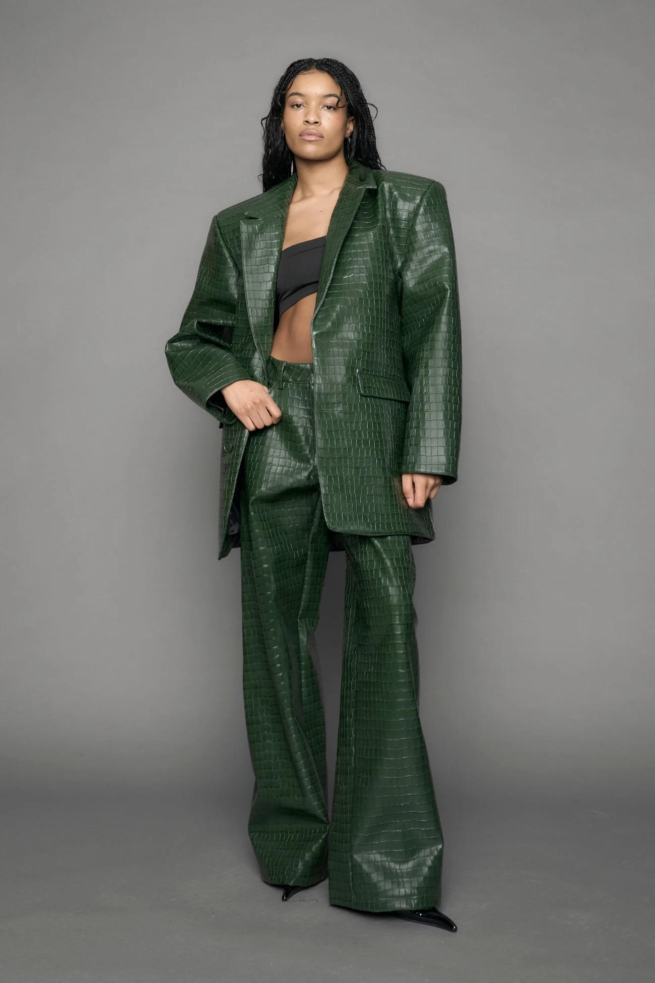 Leather Oversize Croc Blazer - Image 6