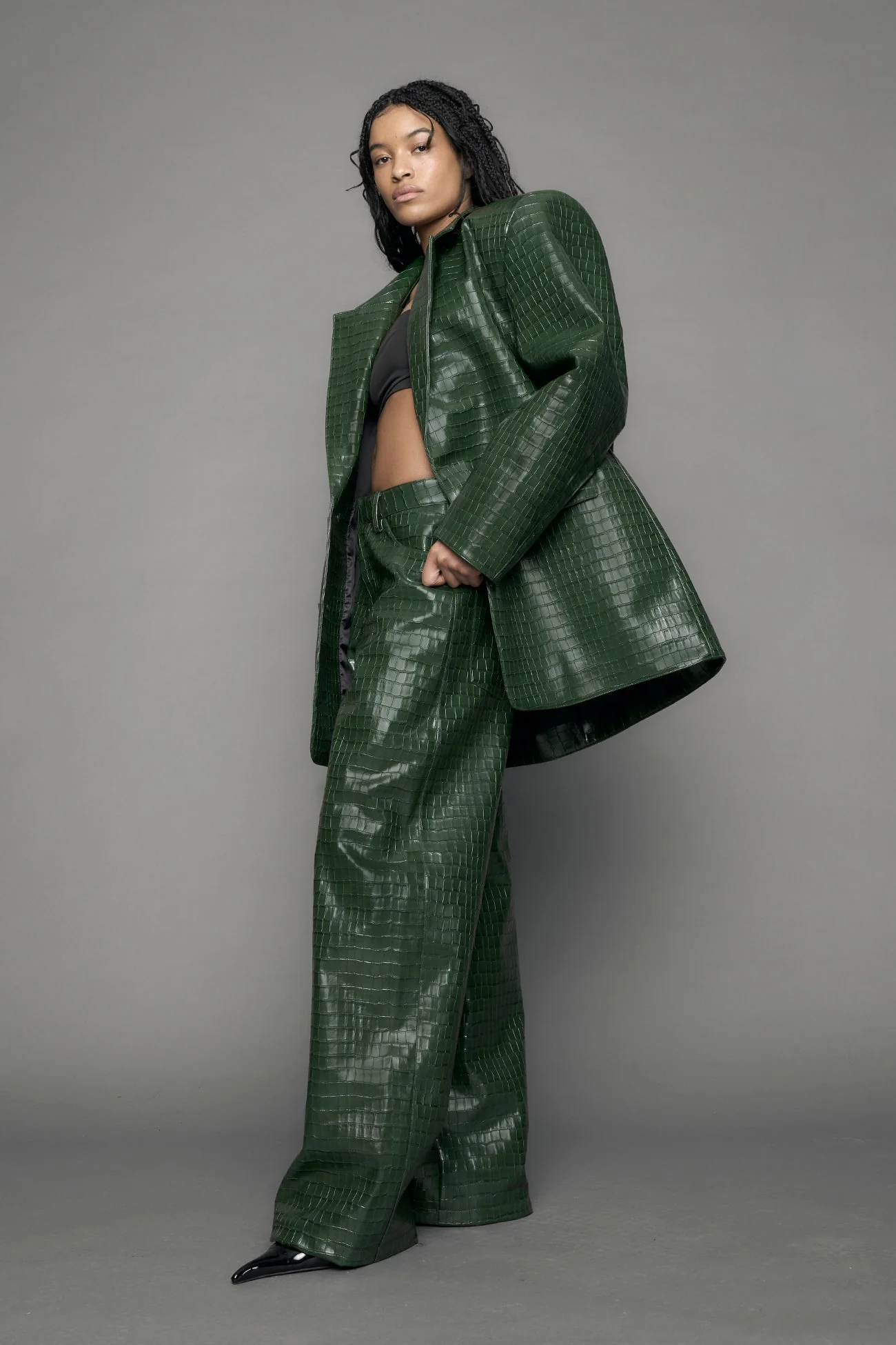 Leather Oversize Croc Blazer - Image 7