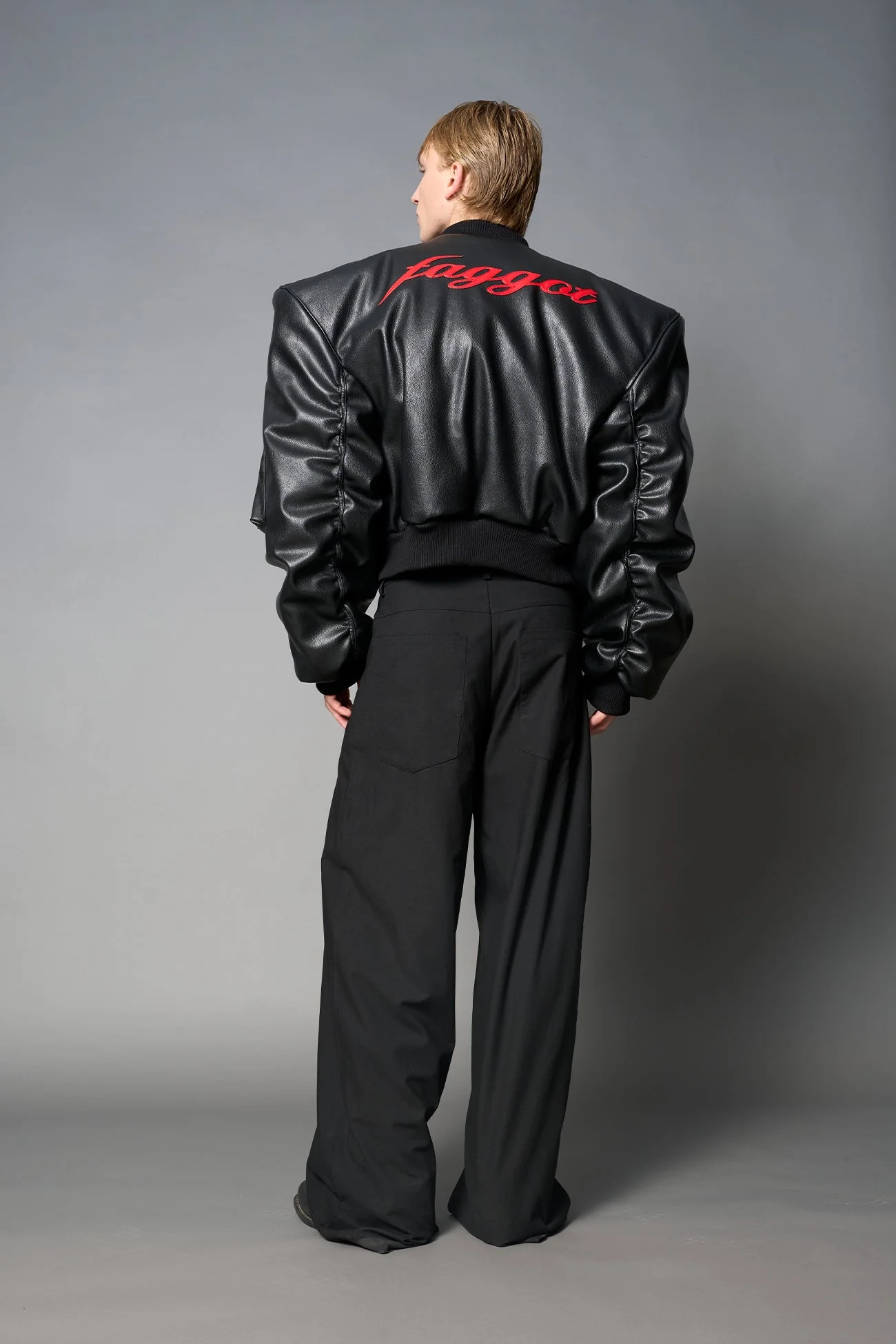 Leather Power Shoulder Bomber Jacket - Image 11