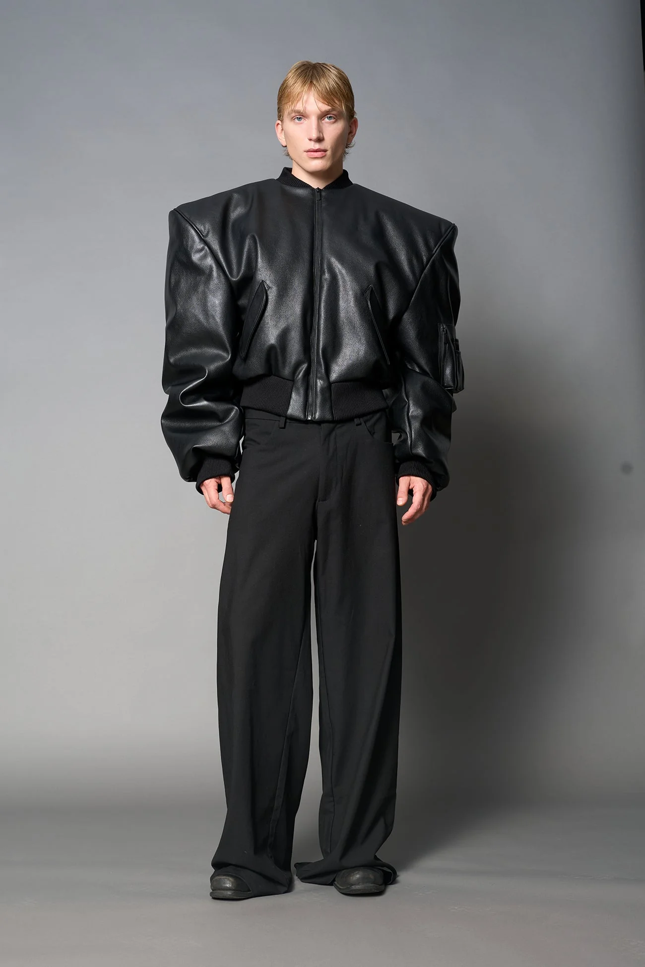 Leather Power Shoulder Bomber Jacket - Image 13