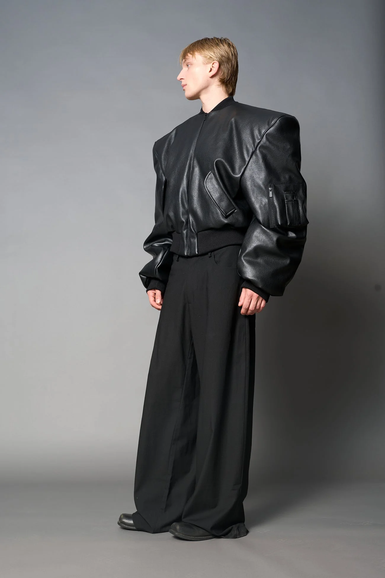 Leather Power Shoulder Bomber Jacket - Image 14