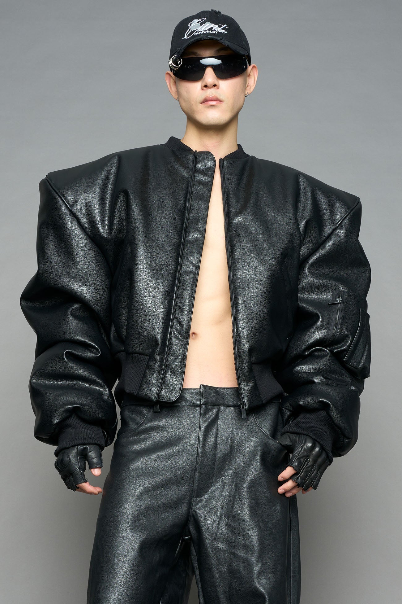 Leather Power Shoulder Bomber Jacket - Image 2