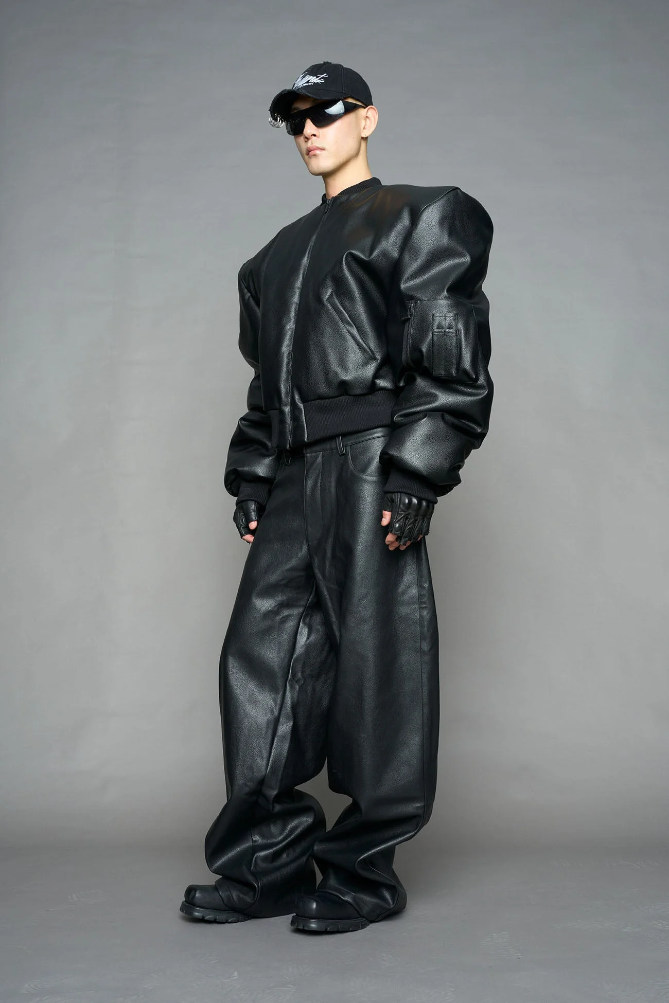 Leather Power Shoulder Bomber Jacket - Image 3