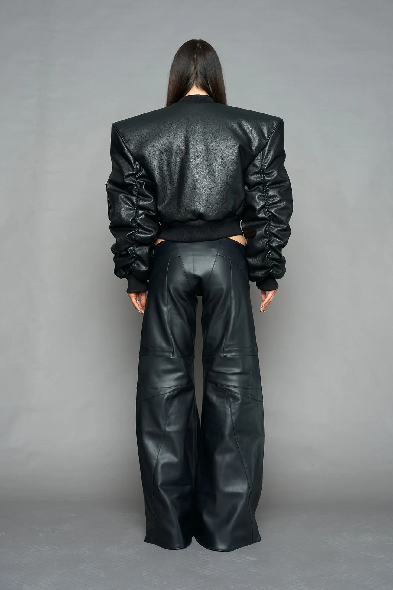 Leather Power Shoulder Bomber Jacket - Image 8