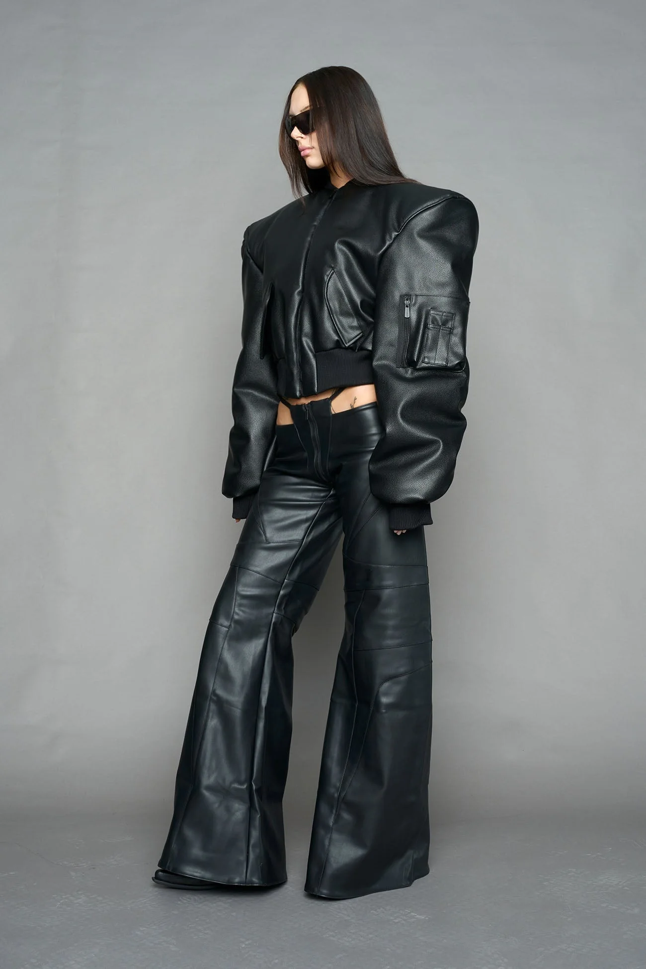 Leather Power Shoulder Bomber Jacket - Image 9